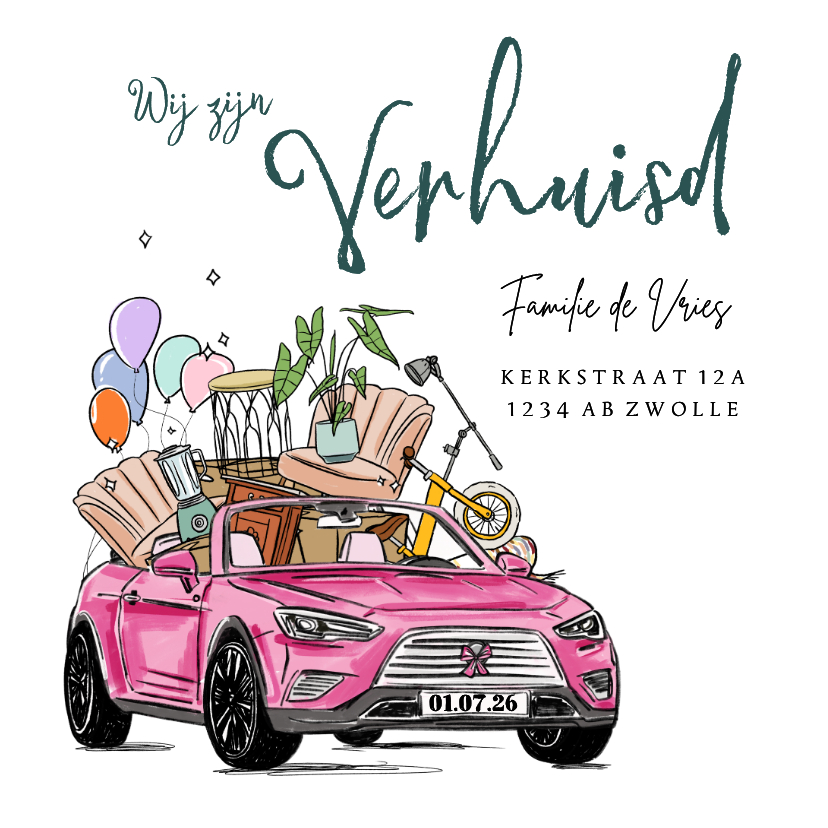 Verhuiskaart illustratie auto inboedel plant fiets ballonnen - Verhuiskaarten Verhuiskaarten - Verhuiskaart illustratie auto inboedel plant fiets ballonnen