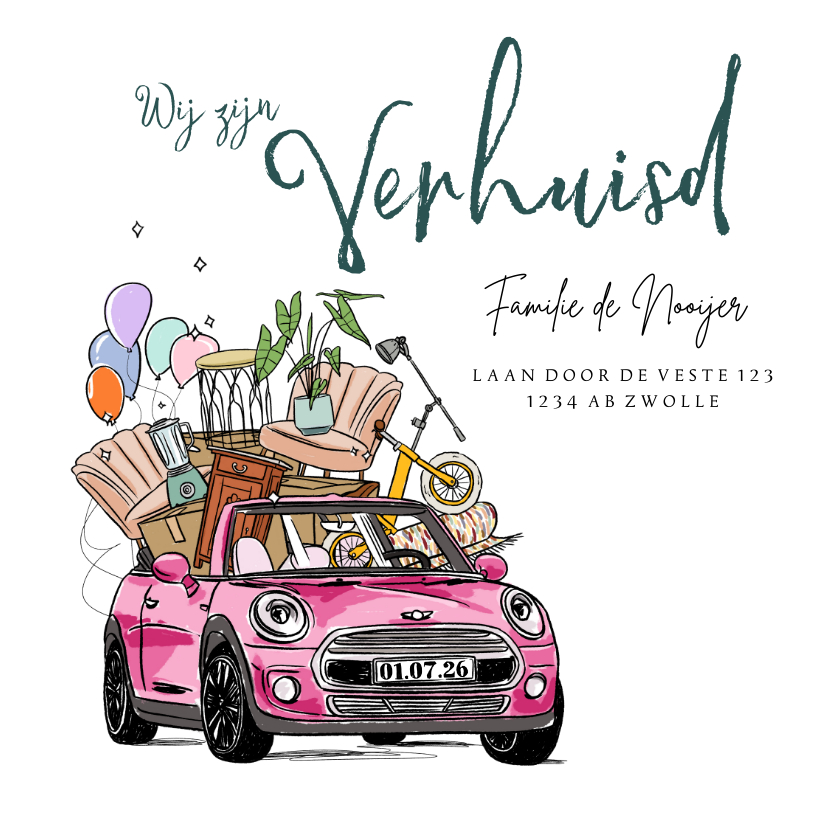 Verhuiskaarten - Verhuiskaart illustratie auto inboedel plant fiets ballonnen