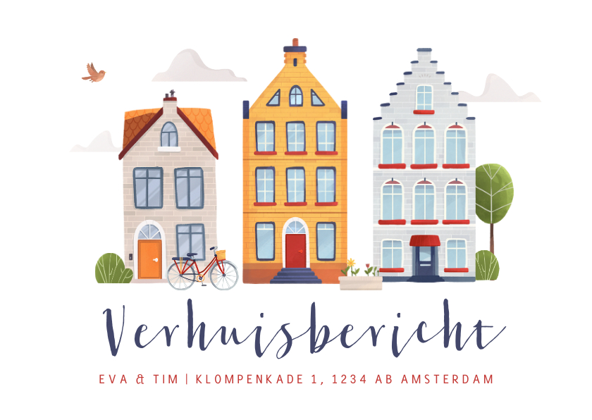 Verhuiskaarten - Verhuiskaart illustratie huisjes fiets verhuisbericht 