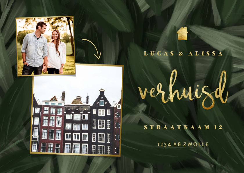 Verhuiskaart jungle bladeren met gouden accenten - Verhuiskaarten Verhuiskaarten - Verhuiskaart jungle bladeren met gouden accenten