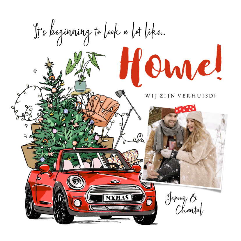 Verhuiskaart kerst illustratie auto kerstboom inboedel foto - Verhuiskaarten Verhuiskaarten - Verhuiskaart kerst illustratie auto kerstboom inboedel foto