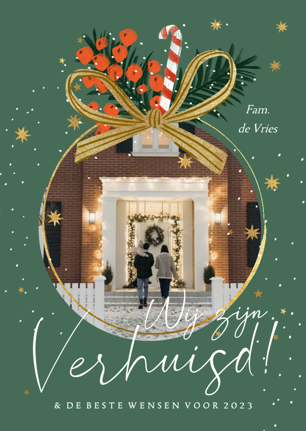 Verhuiskaart kerst kerstbal foto kersttak sneeuw sterren - Verhuiskaarten Verhuiskaarten - Verhuiskaart kerst kerstbal foto kersttak sneeuw sterren