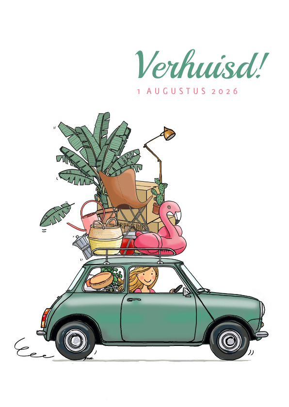Verhuiskaart kleine auto groen met spullen - Verhuiskaarten Verhuiskaarten - Verhuiskaart kleine auto groen met spullen