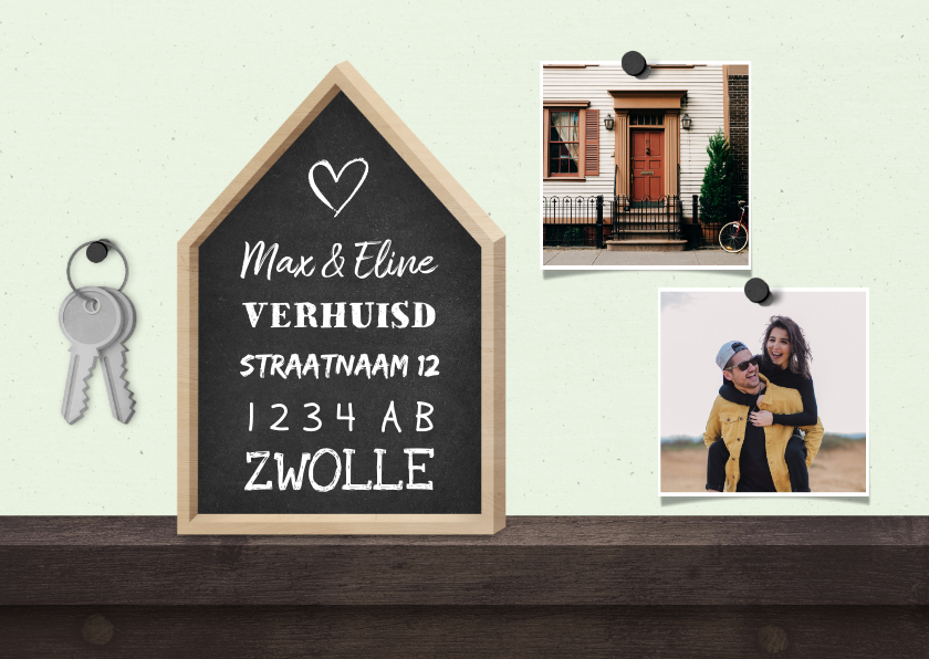 Verhuiskaart krijtbord huis 2 foto's met sleutelbos - Verhuiskaarten Verhuiskaarten - Verhuiskaart krijtbord huis 2 foto's met sleutelbos