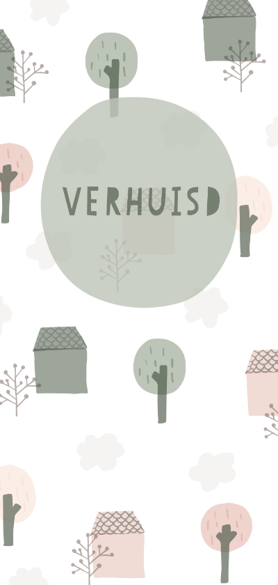 Verhuiskaart langwerpig met huisjes, bomen en wolken - Verhuiskaarten Verhuiskaarten - Verhuiskaart langwerpig met huisjes, bomen en wolken