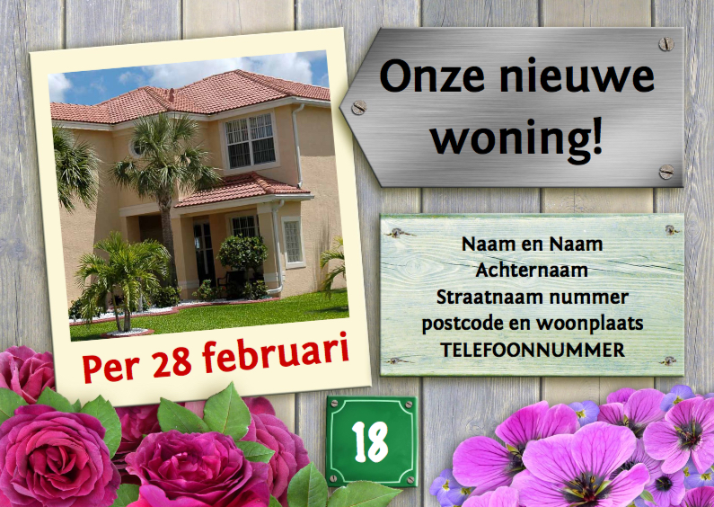 Verhuiskaart met foto van het nieuwe huis op steigerhout - Verhuiskaarten Verhuiskaarten - Verhuiskaart met foto van het nieuwe huis op steigerhout