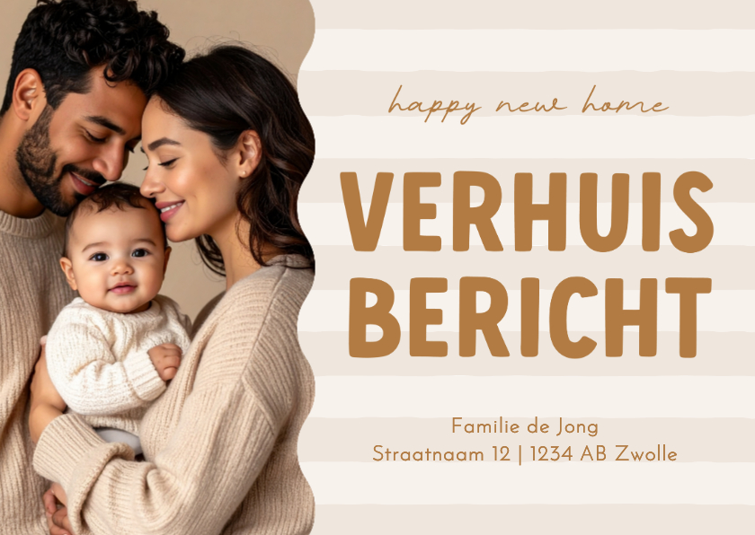 Verhuiskaart met foto verhuisbericht beige streepjes - Verhuiskaarten Verhuiskaarten - Verhuiskaart met foto verhuisbericht beige streepjes