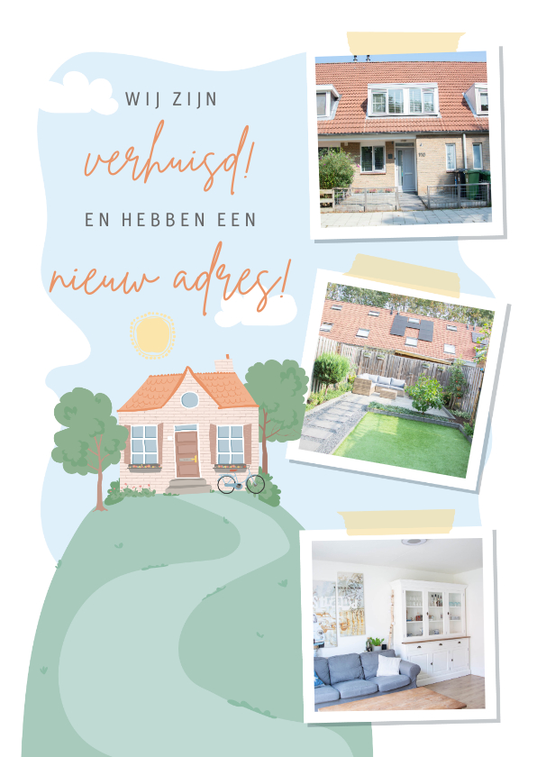 Verhuiskaarten - Verhuiskaart met fotocollage en illustratie van een huis.