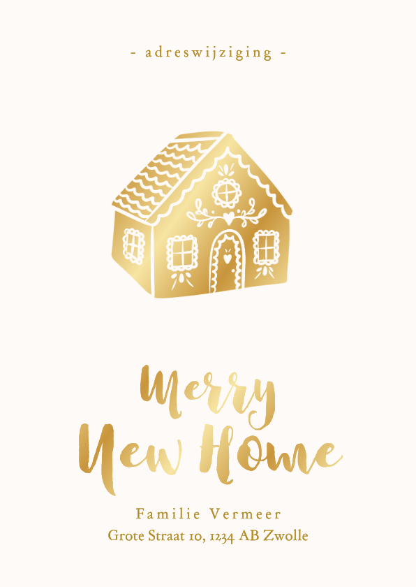 Verhuiskaart met gouden koekhuisje adreswijziging kerst - Verhuiskaarten Verhuiskaarten - Verhuiskaart met gouden koekhuisje adreswijziging kerst