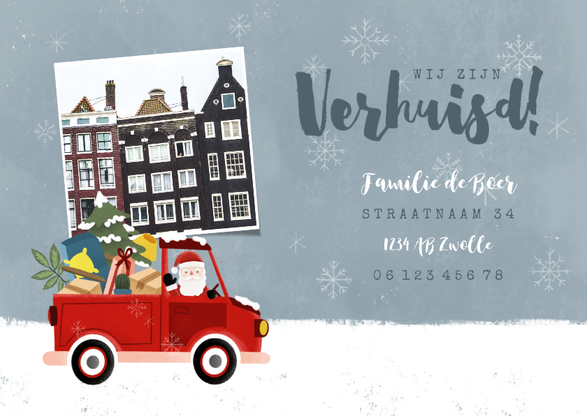 Verhuiskaart met kerstman in pick up truck en eigen foto - Verhuiskaarten Verhuiskaarten - Verhuiskaart met kerstman in pick up truck en eigen foto