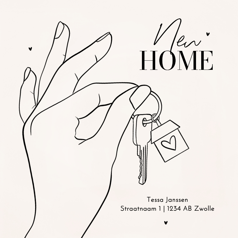 Verhuiskaart met lijntekening hand en sleutels new home - Verhuiskaarten Verhuiskaarten - Verhuiskaart met lijntekening hand en sleutels new home
