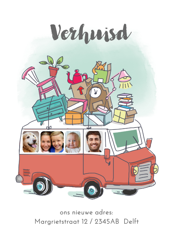 Verhuiskaarten - Verhuiskaart met oldtimer bus en foto's