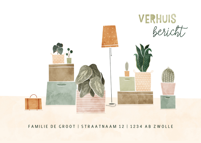 Verhuiskaarten - Verhuiskaart met plantjes en verhuisdozen verhuisbericht