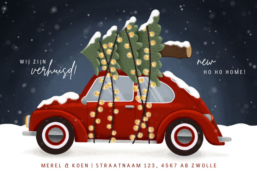 Verhuiskaart met rode Kever met kerstboom op het dak - Verhuiskaarten Verhuiskaarten - Verhuiskaart met rode Kever met kerstboom op het dak