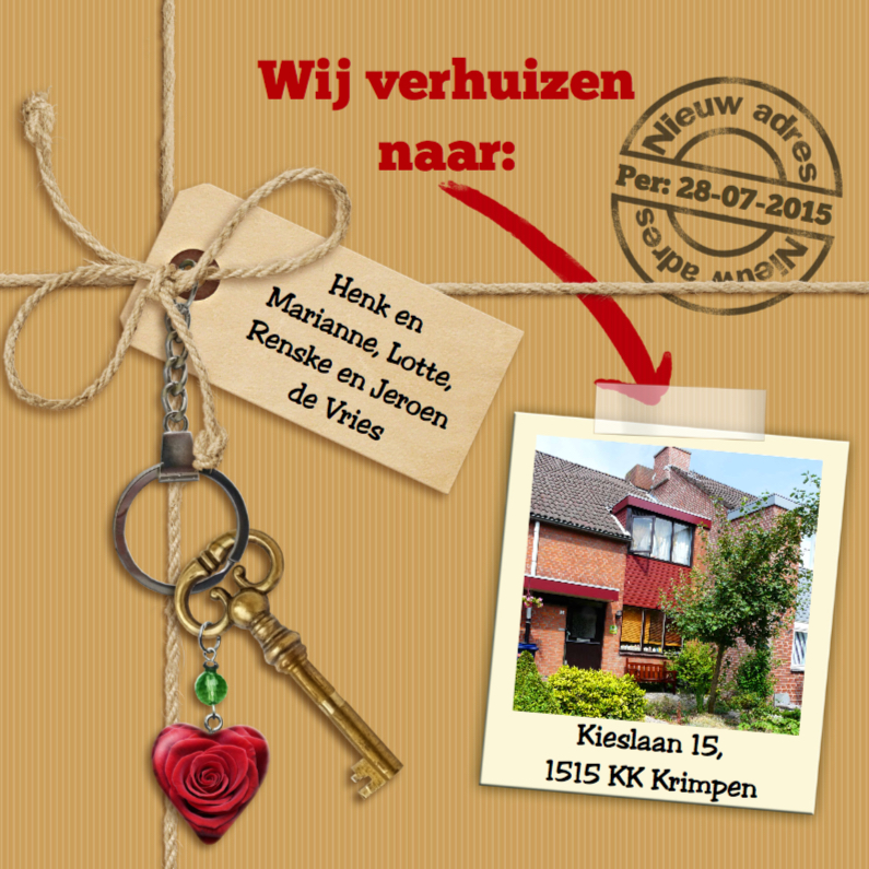 Verhuiskaart met touw, labels, sleutel en eigen foto - Verhuiskaarten Verhuiskaarten - Verhuiskaart met touw, labels, sleutel en eigen foto