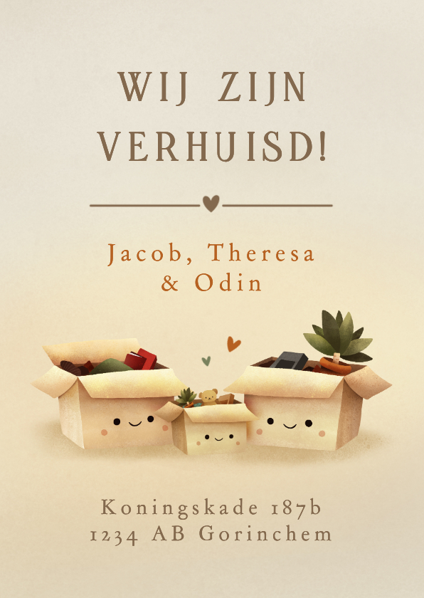 Verhuiskaarten -  Verhuiskaart met verhuisdozen met oogjes gezin met 1 kind