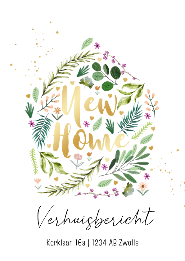 Verhuiskaarten - Verhuiskaart new home boogvorm planten bloemen 