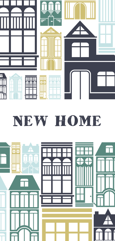 Verhuiskaart 'NEW HOME' met geïllustreerde huizen - Verhuiskaarten Verhuiskaarten - Verhuiskaart 'NEW HOME' met geïllustreerde huizen
