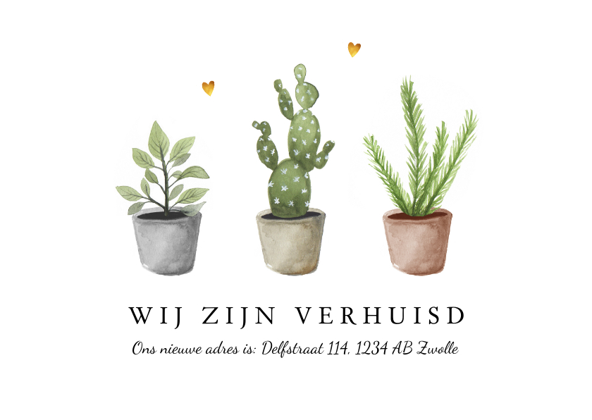 Verhuiskaarten - Verhuiskaart nieuw adres met plantjes en gouden hartjes