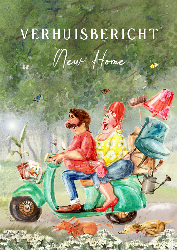 Verhuiskaart Op de scooter - Verhuiskaarten Verhuiskaarten - Verhuiskaart Op de scooter