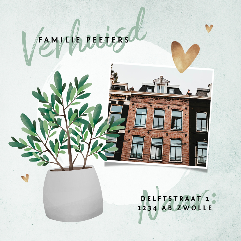 Verhuiskaart plant met foto en betonlook achtergrond - Verhuiskaarten Verhuiskaarten - Verhuiskaart plant met foto en betonlook achtergrond