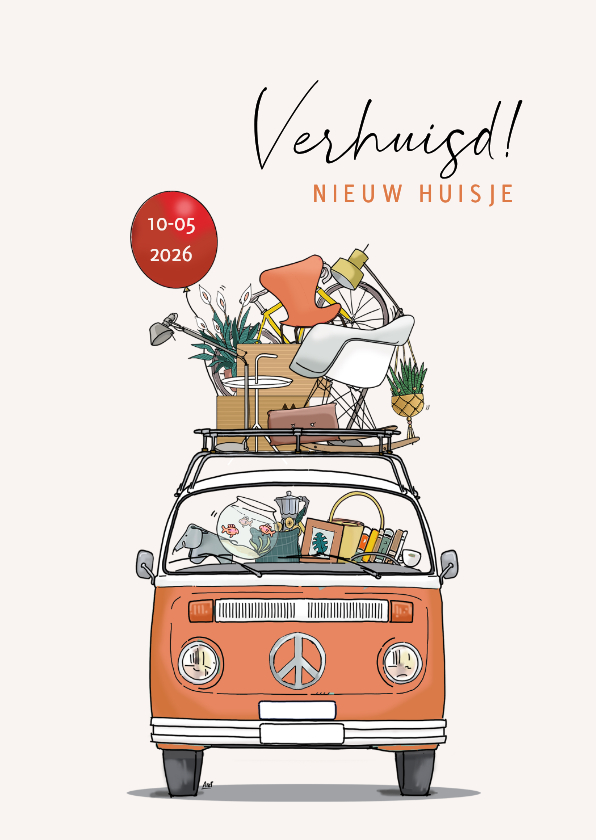 Verhuiskaarten - Verhuiskaart retrobus oranje met rode ballon