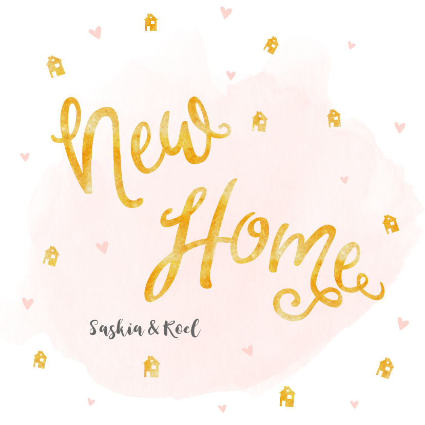 Verhuiskaarten - Verhuiskaart roze waterverf en gouden huisjes confetti