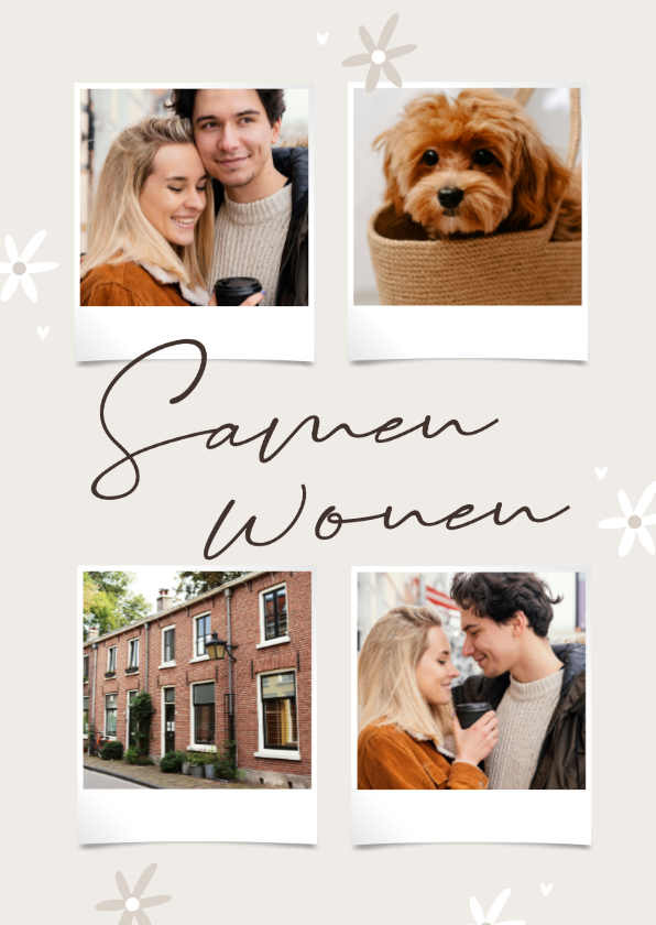 Verhuiskaart samenwonen fotocollage beige bloemetjes - Verhuiskaarten Verhuiskaarten - Verhuiskaart samenwonen fotocollage beige bloemetjes