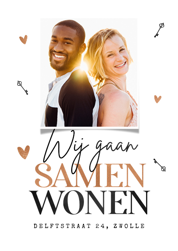 Verhuiskaart samenwonen roségoud stijlvol hartjes - Verhuiskaarten Verhuiskaarten - Verhuiskaart samenwonen roségoud stijlvol hartjes