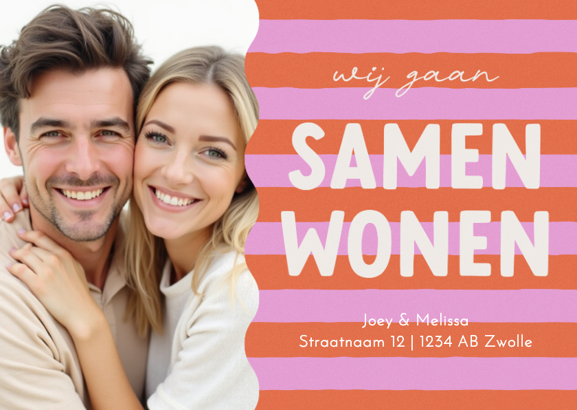 Verhuiskaart samenwonen roze oranje strepen met grote foto - Verhuiskaarten Verhuiskaarten - Verhuiskaart samenwonen roze oranje strepen met grote foto