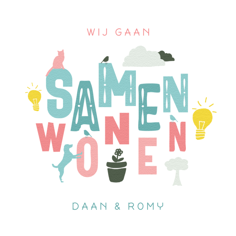Verhuiskaarten - Verhuiskaart samenwonen typografisch en iconen