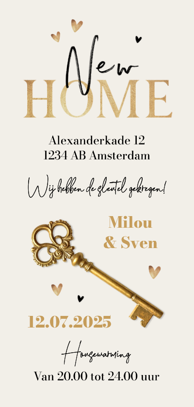 Verhuiskaart sleutel goud hartjes hip new home - Verhuiskaarten Verhuiskaarten - Verhuiskaart sleutel goud hartjes hip new home