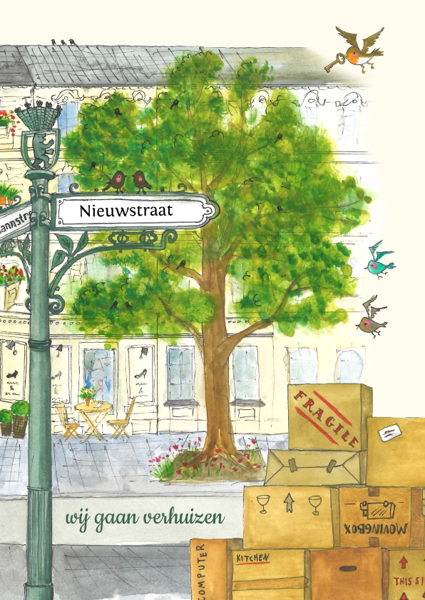Verhuiskaart straatnaambordje en vogeltjes - Verhuiskaarten Verhuiskaarten - Verhuiskaart straatnaambordje en vogeltjes