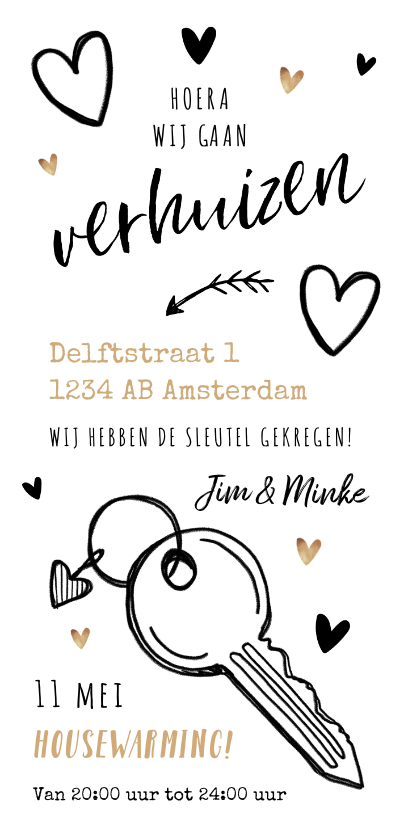 Verhuiskaart verhuisd tekeningen sleutel en gouden hartjes - Verhuiskaarten Verhuiskaarten - Verhuiskaart verhuisd tekeningen sleutel en gouden hartjes
