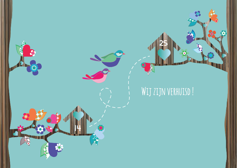 Verhuiskaart Vogels harthuisjes - Verhuiskaarten Verhuiskaarten - Verhuiskaart Vogels harthuisjes