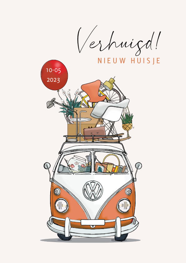 Verhuiskaarten - Verhuiskaart VW busje oranje met rode ballon