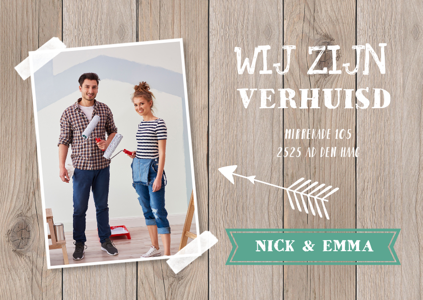 Verhuiskaarten - Verhuiskaart "wij zijn verhuisd" foto & houtlook