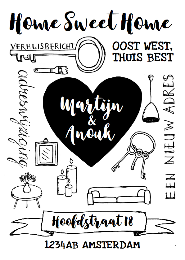 Verhuiskaart zwart-wit handlettering hart - Verhuiskaarten Verhuiskaarten - Verhuiskaart zwart-wit handlettering hart