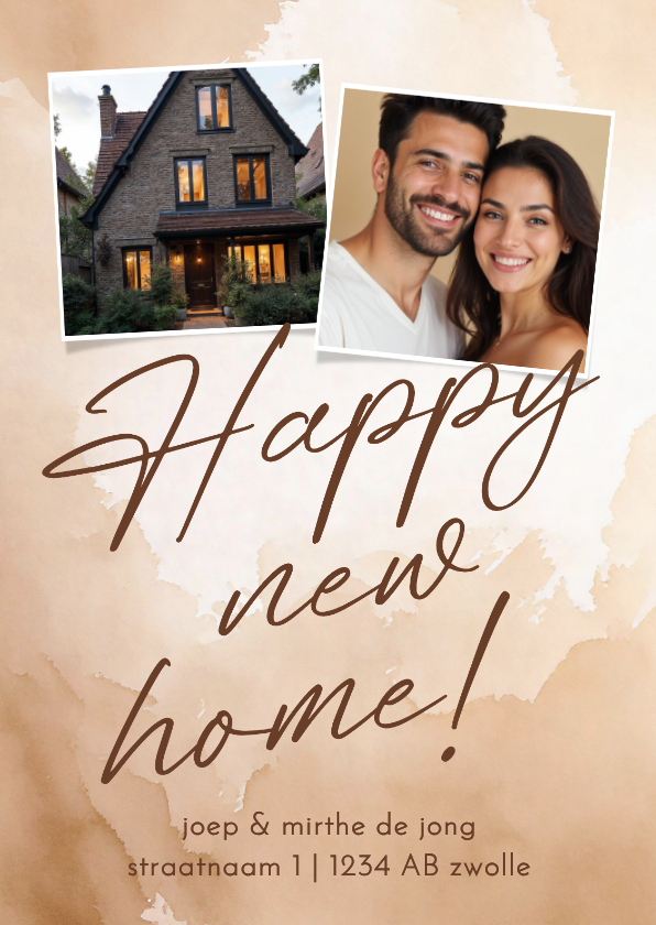 Verhuiskaarten - Verhuiskaartje beige waterverf twee foto's happy new home