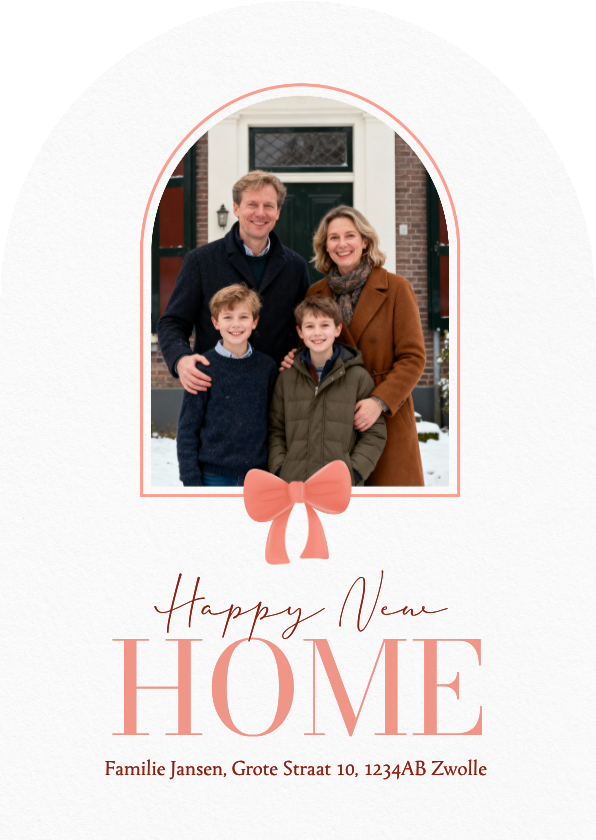 Verhuiskaartje in boog vorm kerst met rood strikje - Verhuiskaarten Verhuiskaarten - Verhuiskaartje in boog vorm kerst met rood strikje