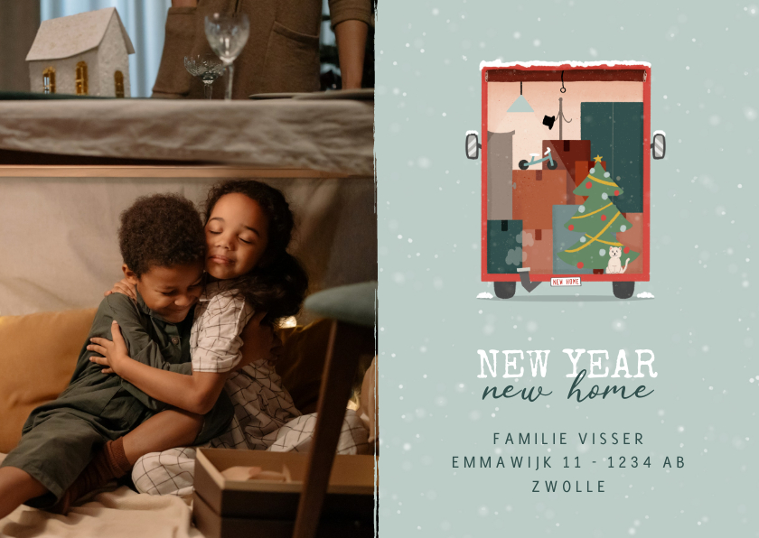 Verhuiskaartje kerst met verhuiswagen en foto - Verhuiskaarten Verhuiskaarten - Verhuiskaartje kerst met verhuiswagen en foto