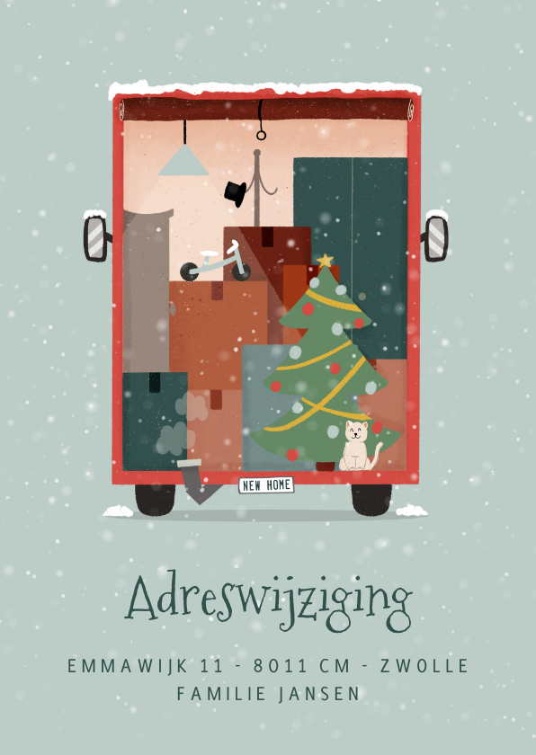 Verhuiskaarten - Verhuiskaartje kerst met verhuiswagen en sneeuw