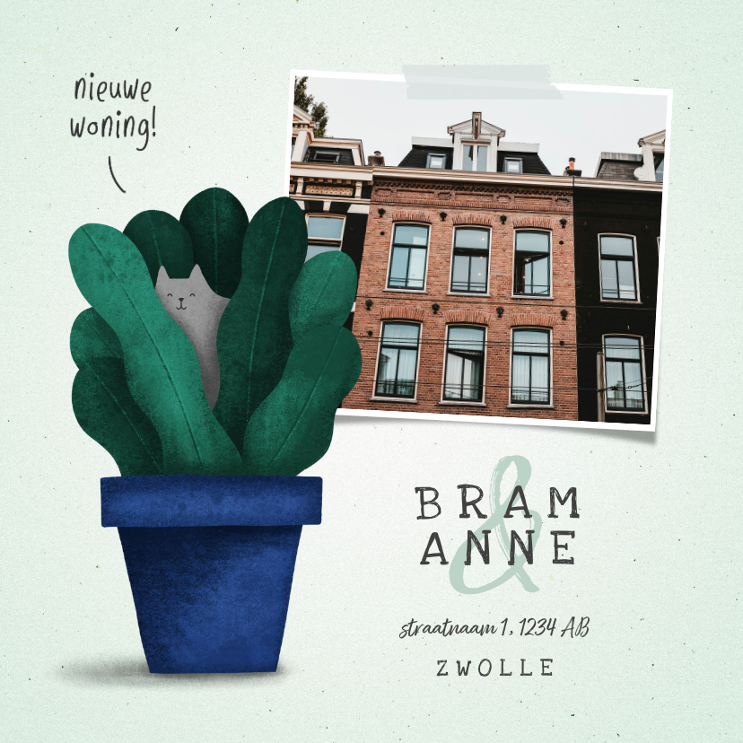 Verhuiskaartje 'nieuwe woning' met plant en kat - Verhuiskaarten Verhuiskaarten - Verhuiskaartje 'nieuwe woning' met plant en kat