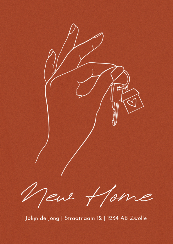 Verhuiskaarten - Verhuiskaartje roestbruin lijntekening hand sleutels