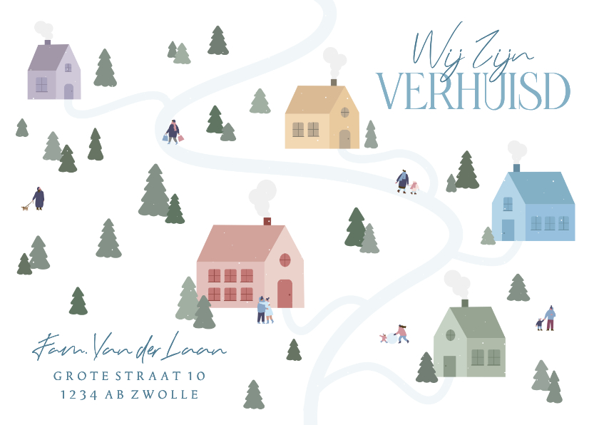 Verhuiskaartje winter met huisjes en dennenbomen - Verhuiskaarten Verhuiskaarten - Verhuiskaartje winter met huisjes en dennenbomen