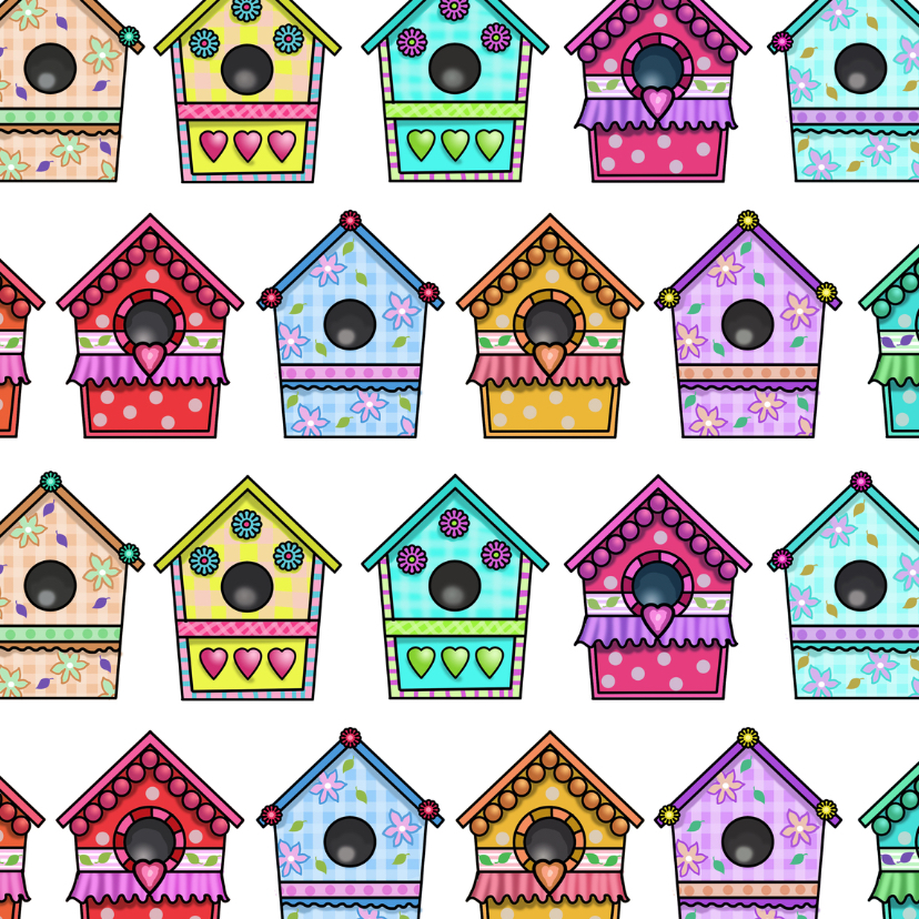 Vogelhuisjes kleuren vierkant - Verhuiskaarten Verhuiskaarten - Vogelhuisjes kleuren vierkant