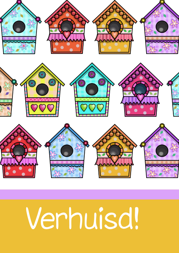 Vogelhuisjes kleuren - Verhuiskaarten Verhuiskaarten - Vogelhuisjes kleuren