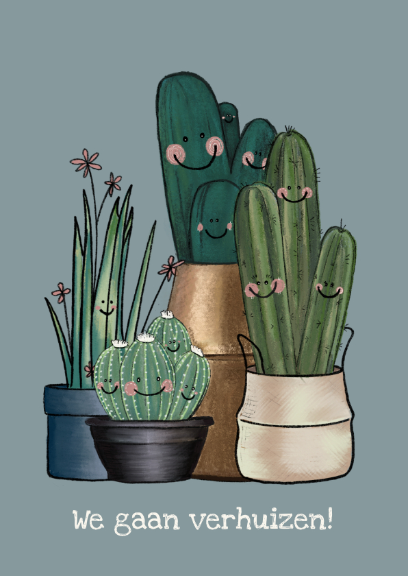 Vrolijke blauw-grijze verhuiskaart vol met cactussen - Verhuiskaarten Verhuiskaarten - Vrolijke blauw-grijze verhuiskaart vol met cactussen