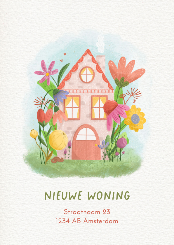 Verhuiskaarten - Vrolijke verhuiskaart met huis en kleurrijke bloem