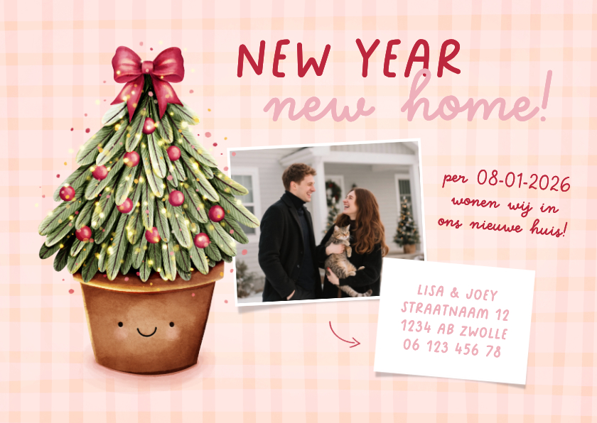 Vrolijke verhuiskaart met kerstboom en foto - Verhuiskaarten Verhuiskaarten - Vrolijke verhuiskaart met kerstboom en foto